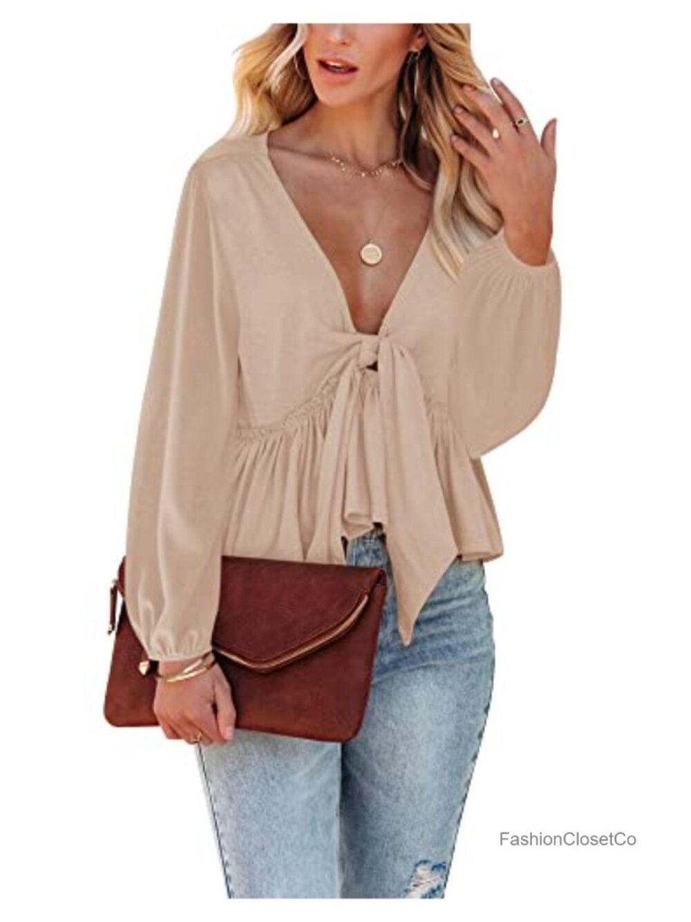 Women's Long Sleeve V Neck Babydoll Tie Front Ruffle Hem Crop Top